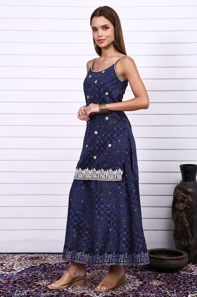 Blue Bandhni Printed Embroidered Georgette Straight Spaghetti Kurta, Sharara and Dupatta Set
