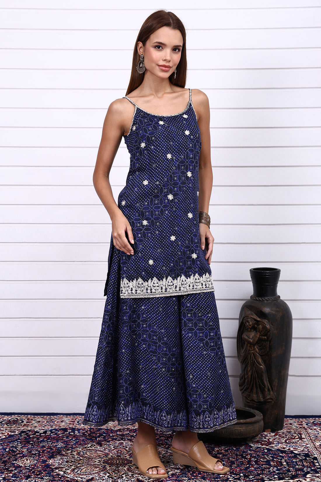 Blue Bandhni Printed Embroidered Georgette Straight Spaghetti Kurta, Sharara and Dupatta Set