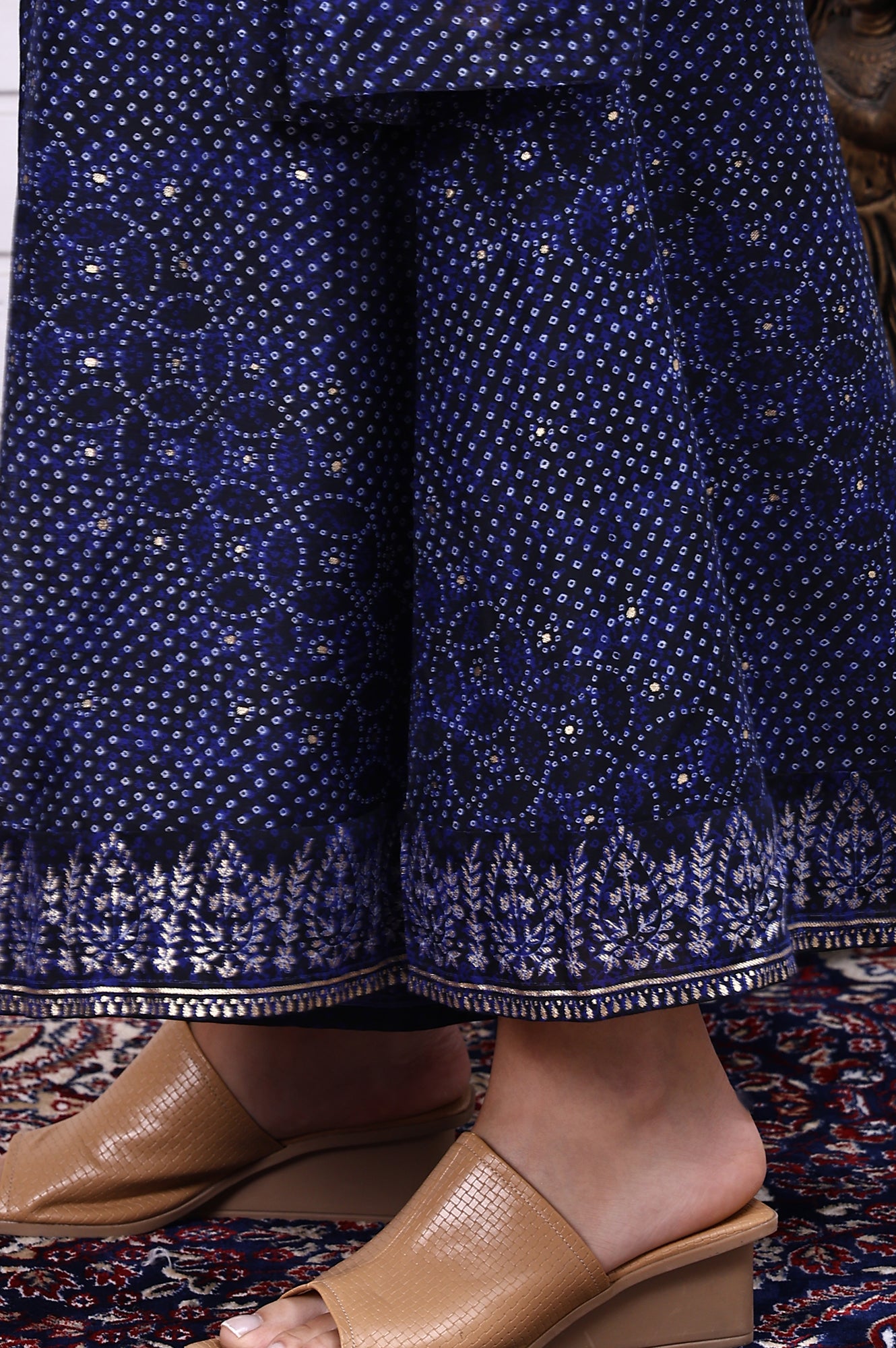 Blue Bandhni Printed Embroidered Georgette Straight Spaghetti Kurta, Sharara and Dupatta Set