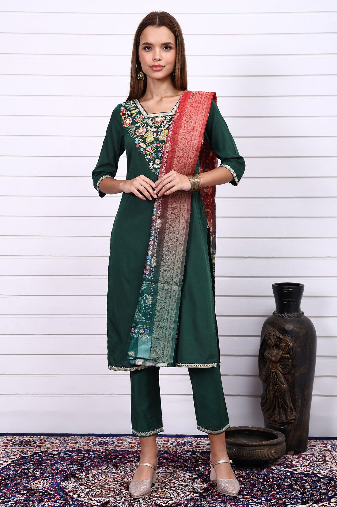 Green Thread Embroidery Straight Kurta, Trousers and Dupatta Set