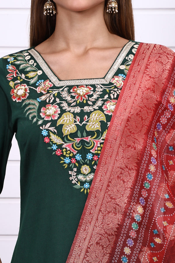 Green Thread Embroidery Straight Kurta, Trousers and Dupatta Set
