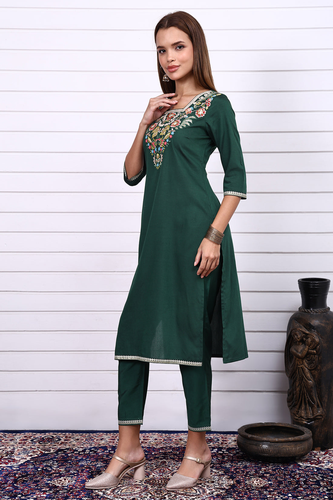 Green Thread Embroidery Straight Kurta, Trousers and Dupatta Set