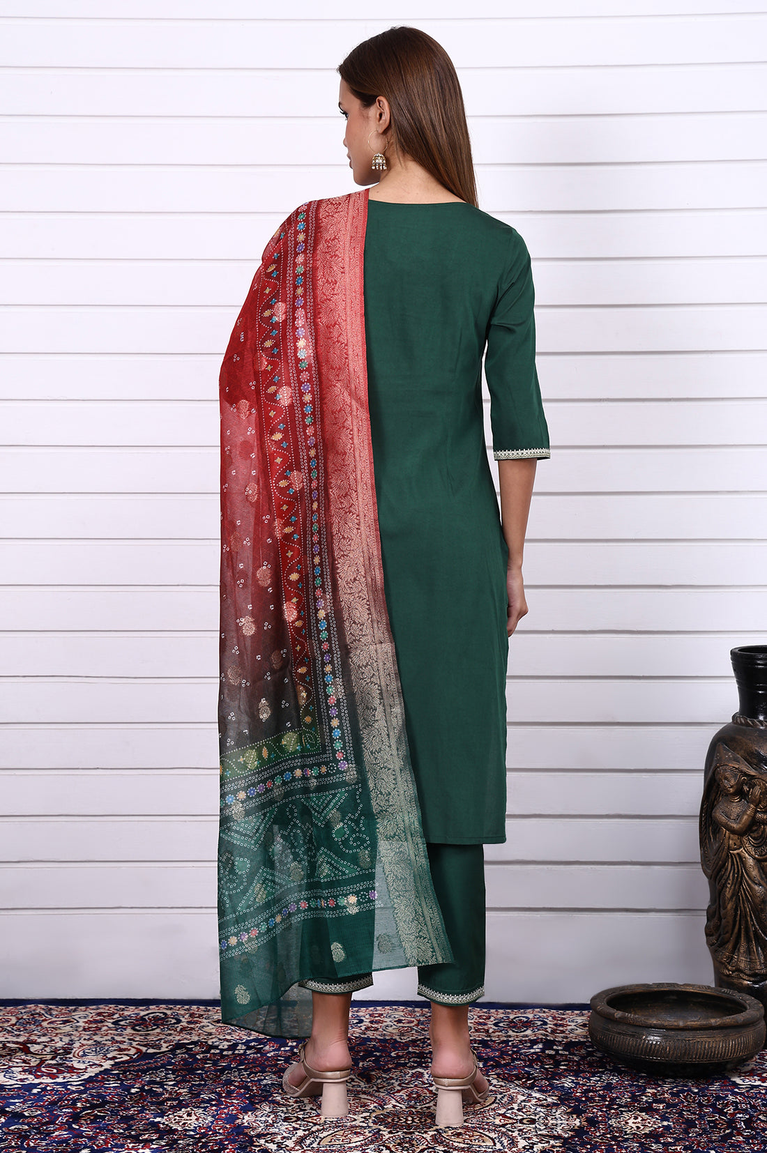Green Thread Embroidery Straight Kurta, Trousers and Dupatta Set