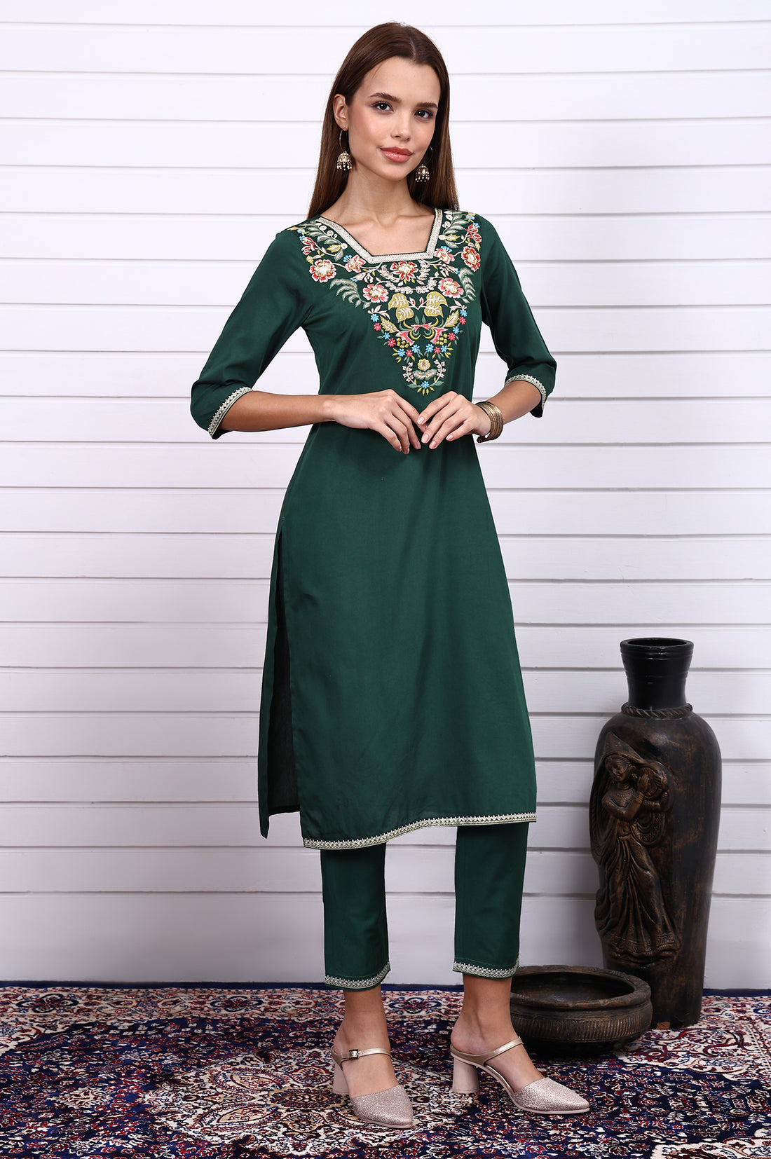Green Thread Embroidery Straight Kurta, Trousers and Dupatta Set