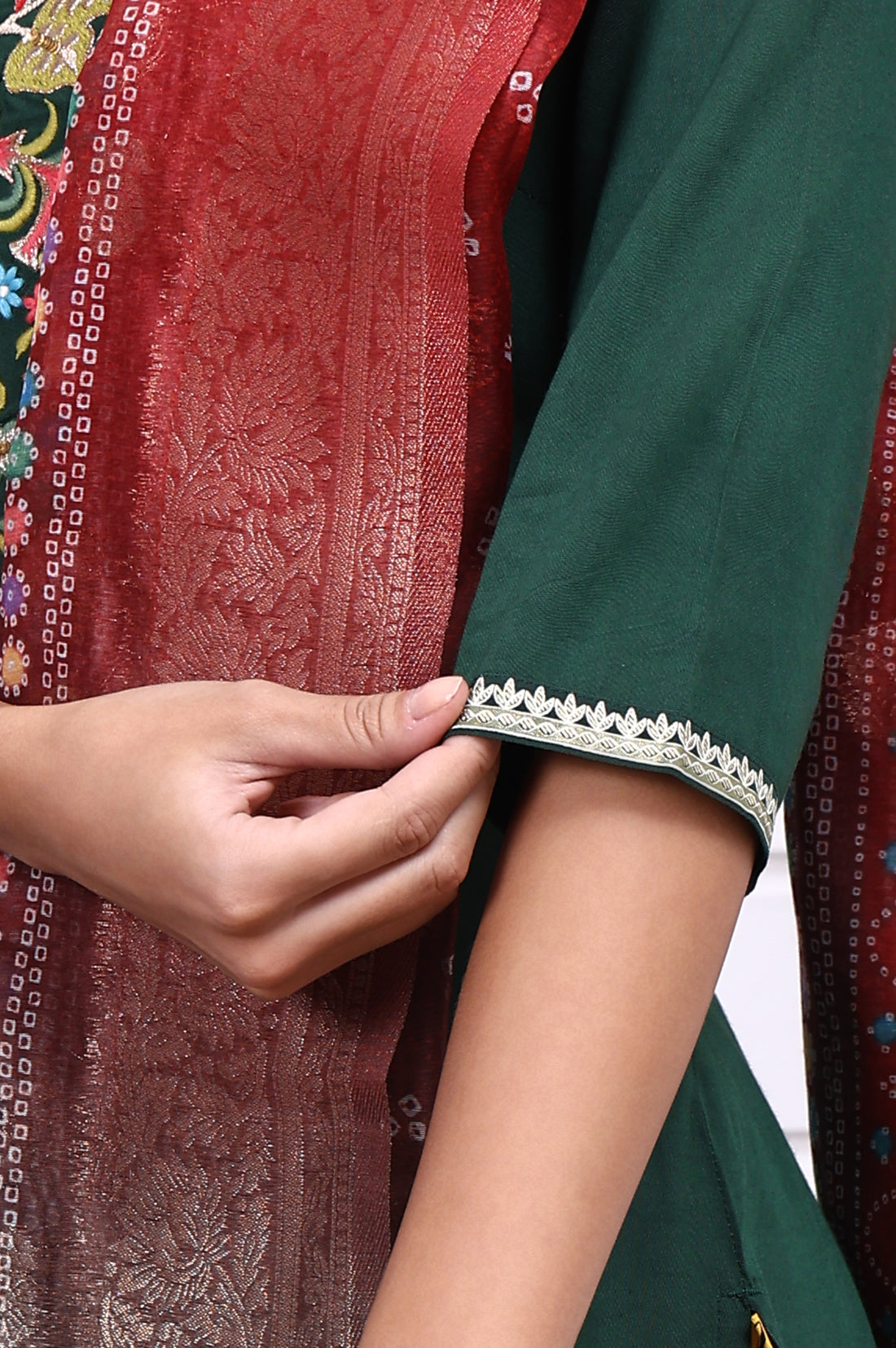 Green Thread Embroidery Straight Kurta, Trousers and Dupatta Set