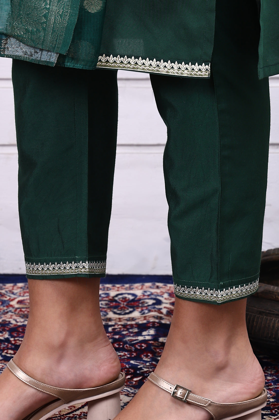 Green Thread Embroidery Straight Kurta, Trousers and Dupatta Set