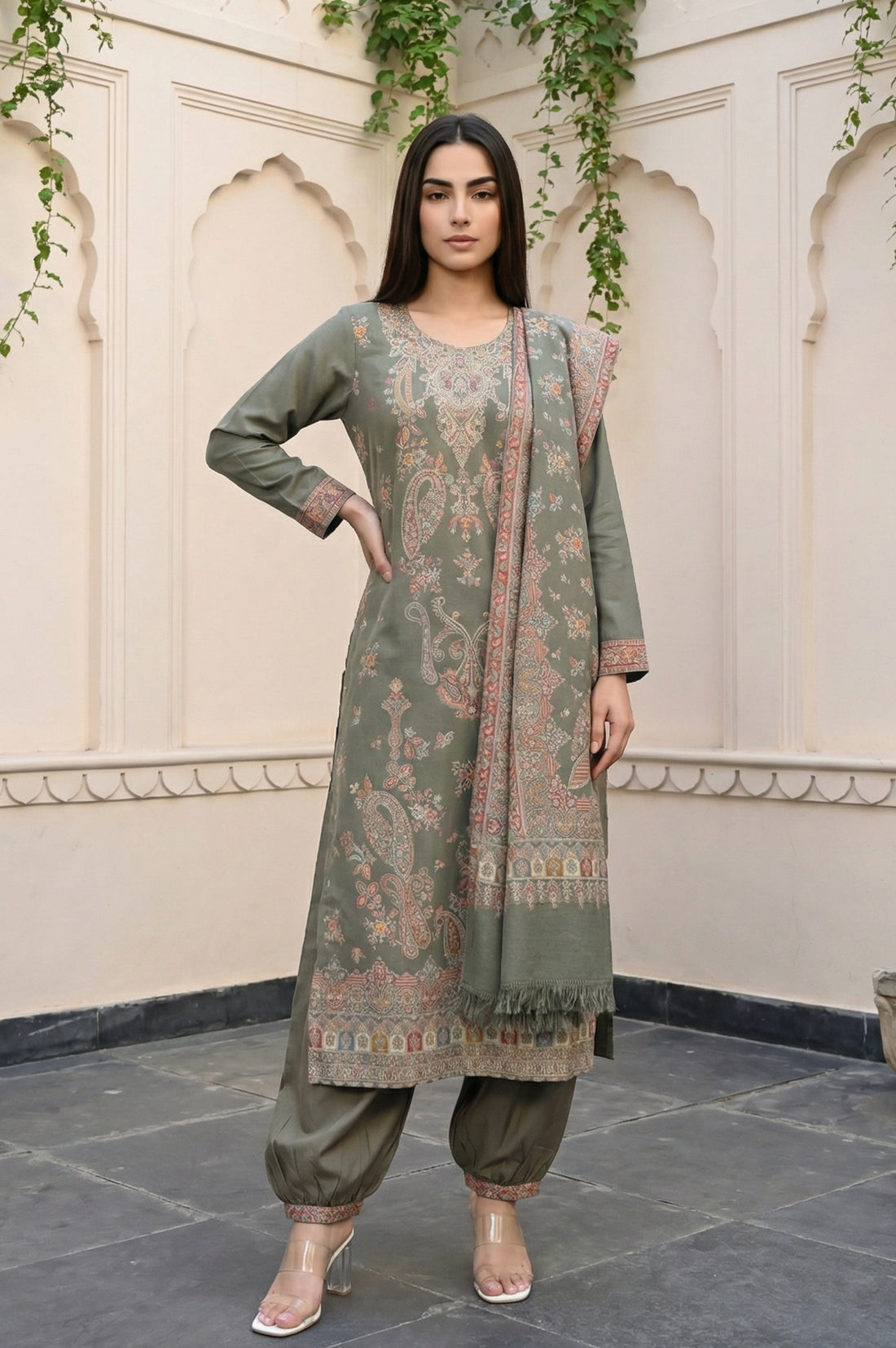 Olive Yarn Dyed Paisley Printed Straight Winter Kurta with Salwar and Dupatta Set