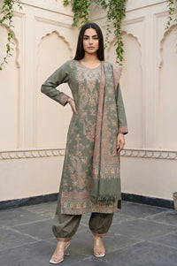 Olive Yarn Dyed Paisley Printed Straight Winter Kurta with Salwar and Dupatta Set