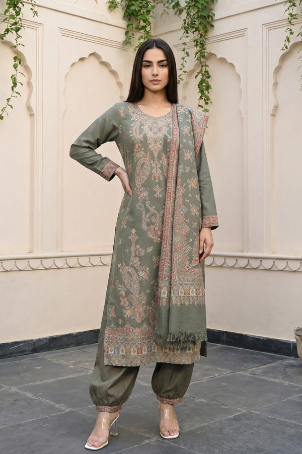 Olive Yarn Dyed Paisley Printed Straight Winter Kurta with Salwar and Dupatta Set