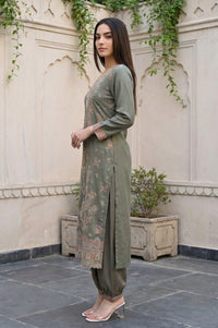 Olive Yarn Dyed Paisley Printed Straight Winter Kurta with Salwar and Dupatta Set