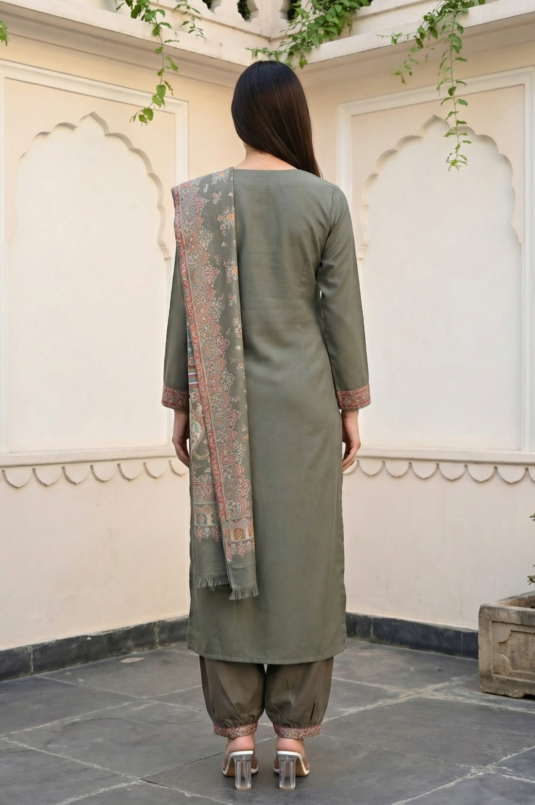 Olive Yarn Dyed Paisley Printed Straight Winter Kurta with Salwar and Dupatta Set