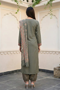 Olive Yarn Dyed Paisley Printed Straight Winter Kurta with Salwar and Dupatta Set