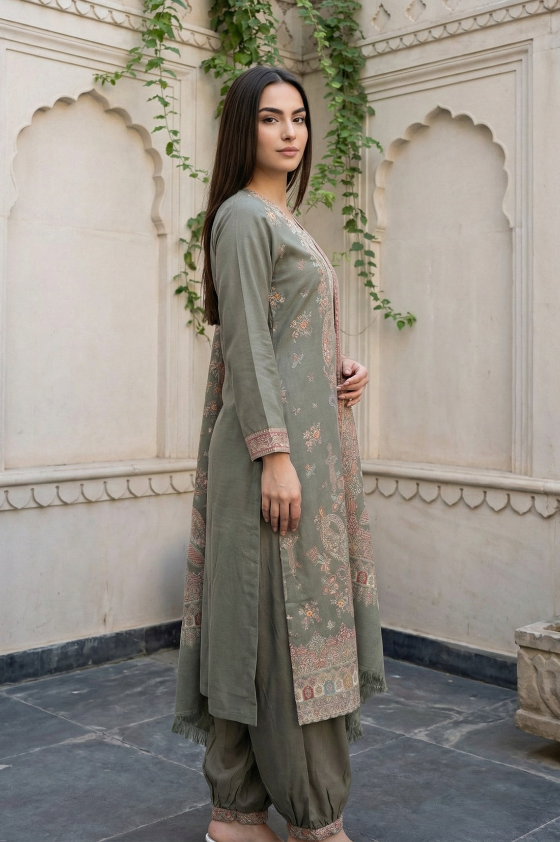 Olive Yarn Dyed Paisley Printed Straight Winter Kurta with Salwar and Dupatta Set