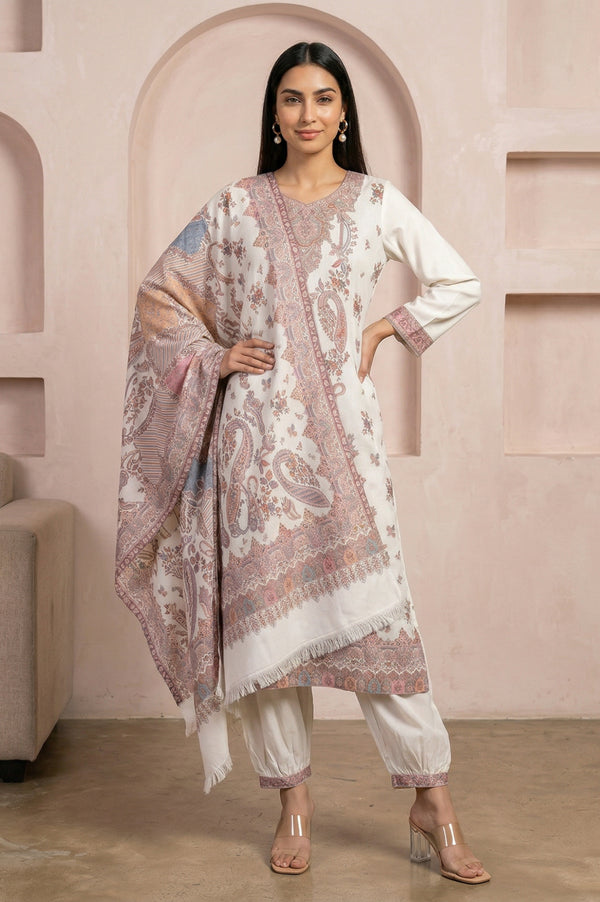 Cream Jacquard Paisley Printed Straight Kurta with Salwar and Dupatta Set