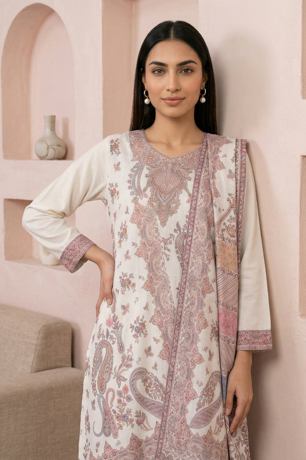 Cream Jacquard Paisley Printed Straight Kurta with Salwar and Dupatta Set