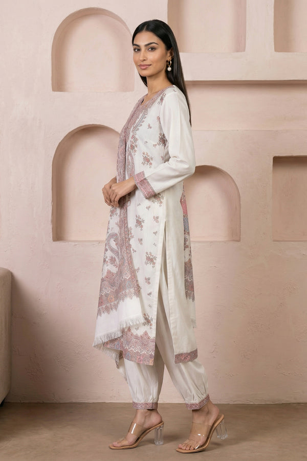Cream Jacquard Paisley Printed Straight Kurta with Salwar and Dupatta Set