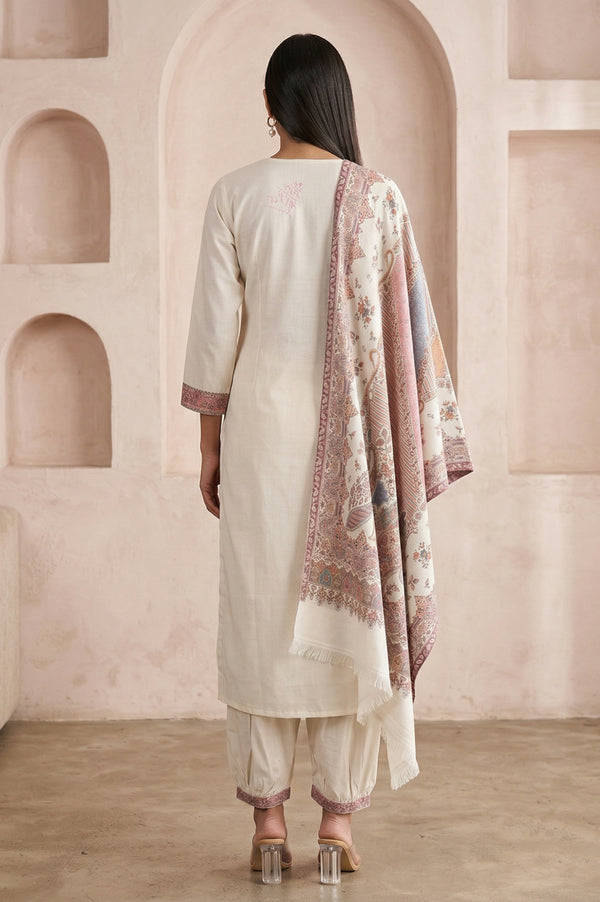 Cream Jacquard Paisley Printed Straight Kurta with Salwar and Dupatta Set
