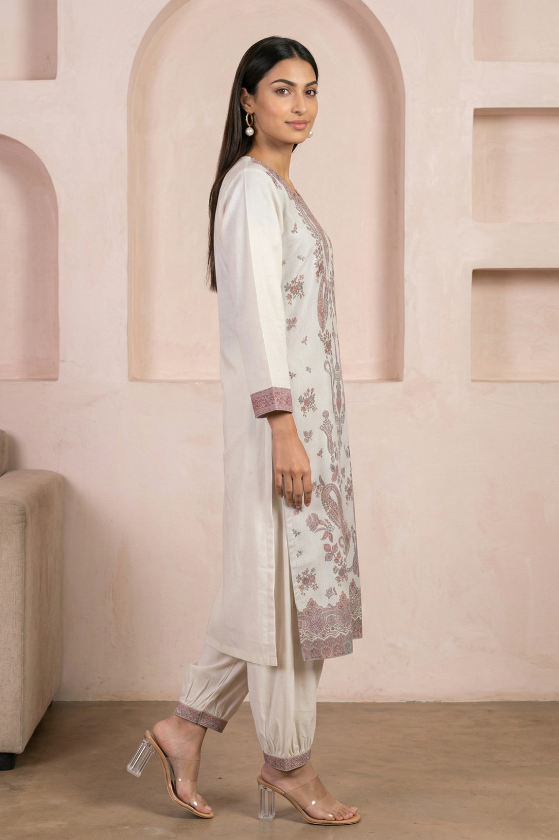 Cream Jacquard Paisley Printed Straight Kurta with Salwar and Dupatta Set