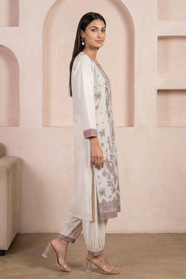 Cream Jacquard Paisley Printed Straight Kurta with Salwar and Dupatta Set