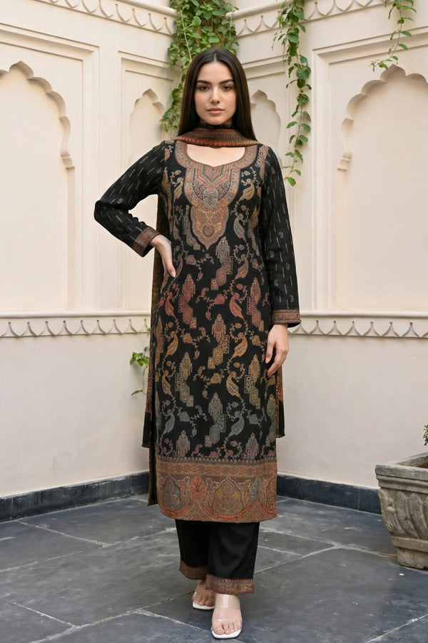 Black Paisley Foil Print Straight Kurta with Palazzo and Dupatta Set