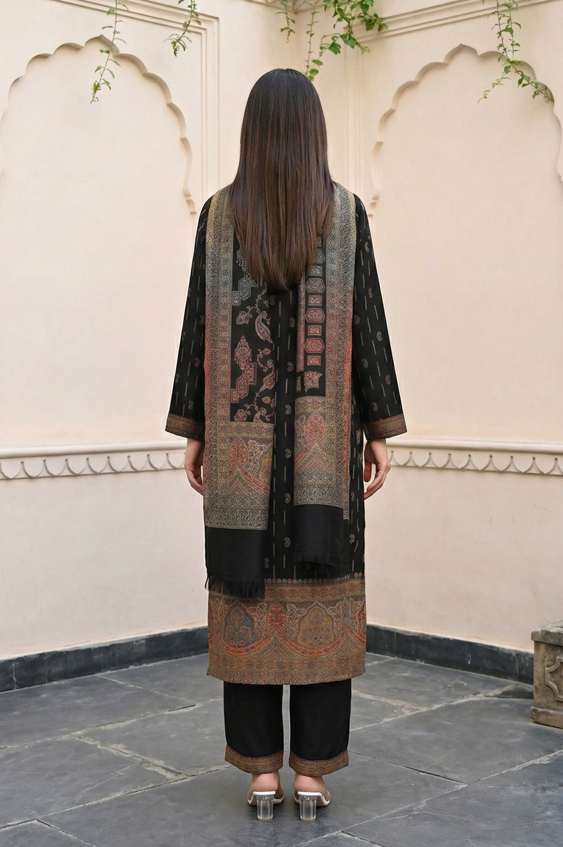 Black Paisley Foil Print Straight Kurta with Palazzo and Dupatta Set
