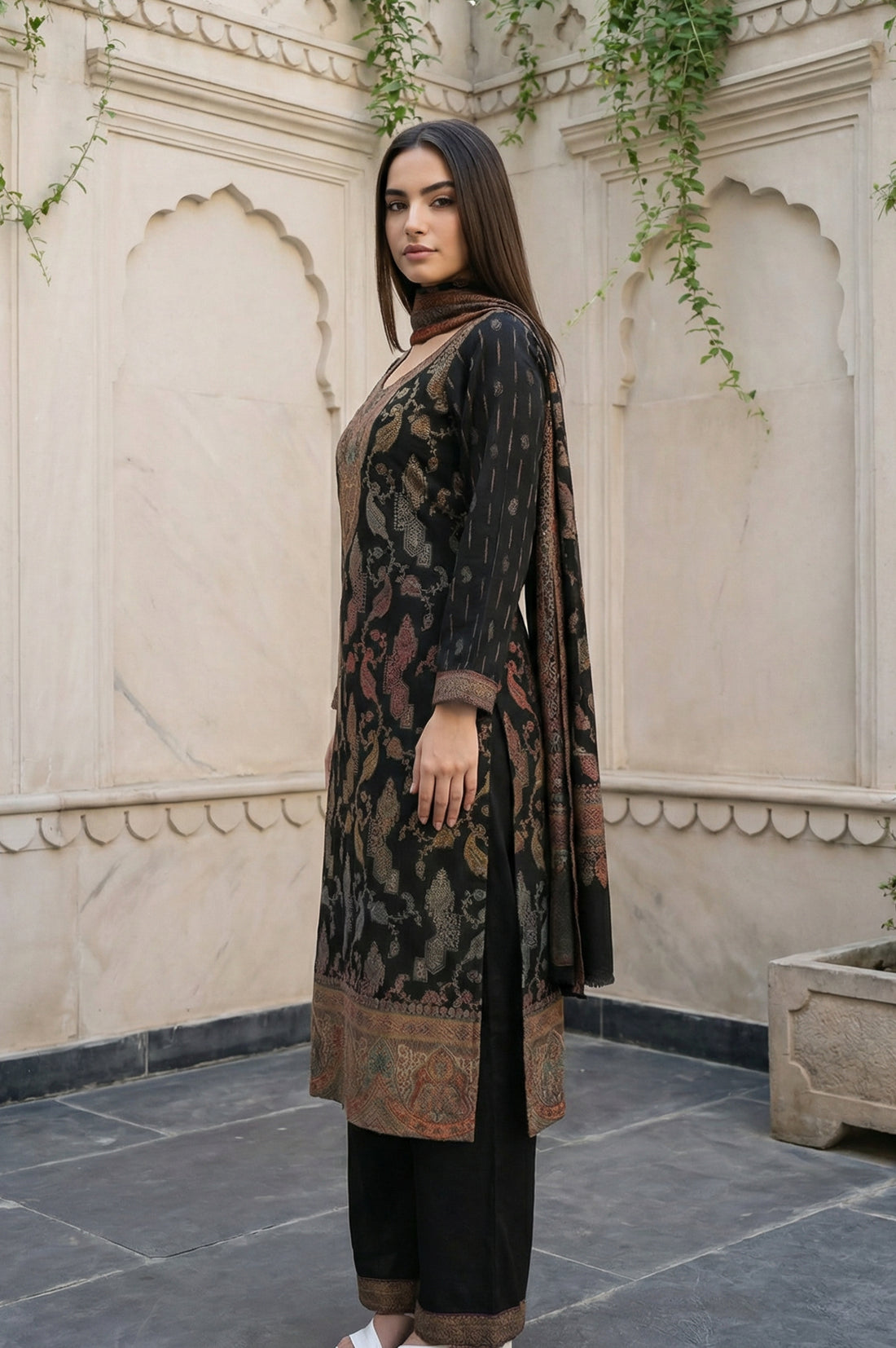 Black Paisley Foil Print Straight Kurta with Palazzo and Dupatta Set