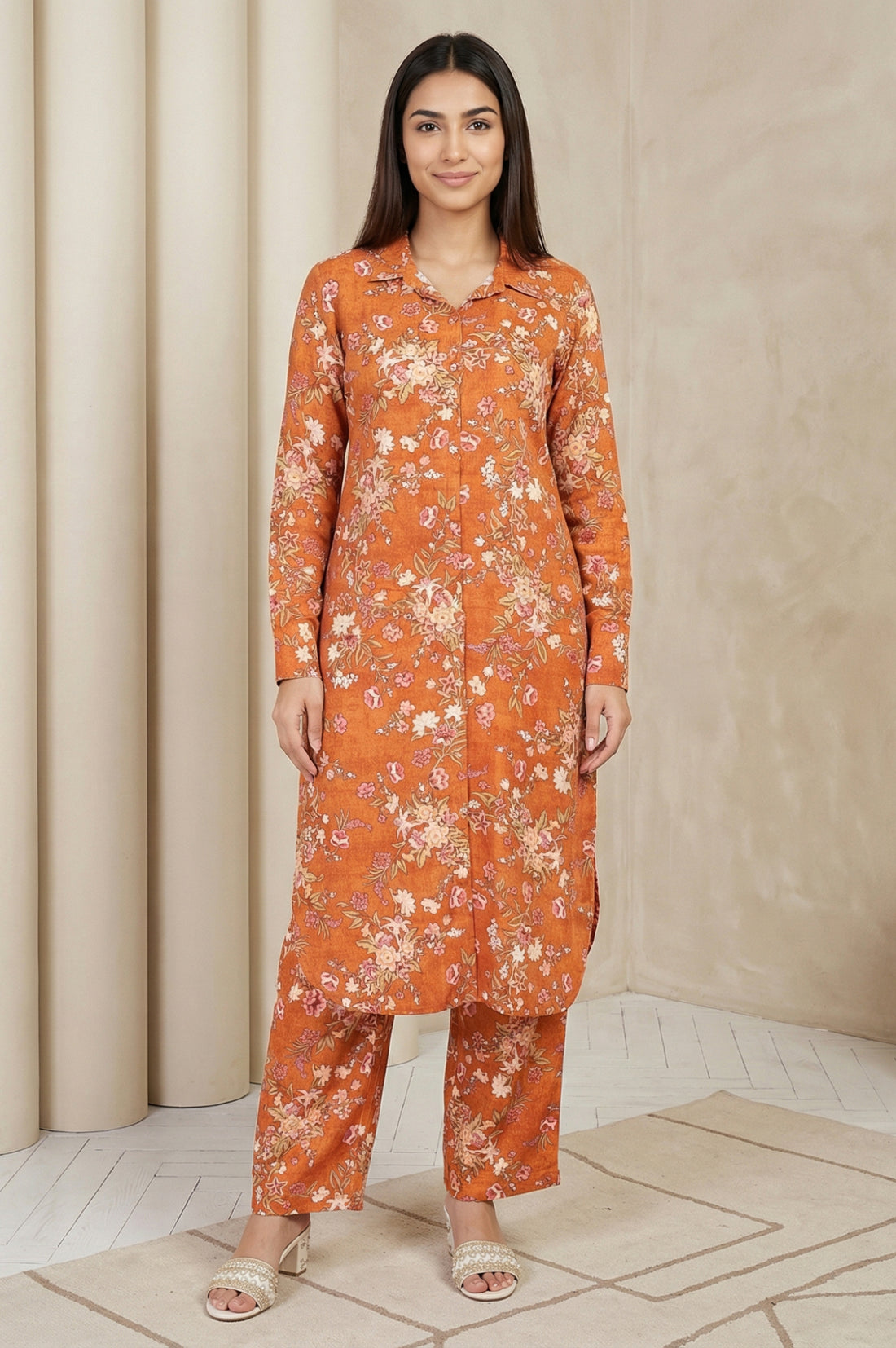 Orange Floral Print Straight Kurta with Palazzo Co-ord Set