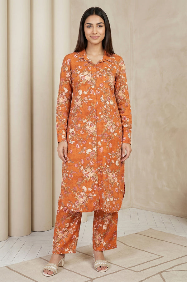 Orange Floral Print Straight Kurta with Palazzo Co-ord Set