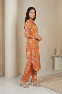 Orange Floral Print Straight Kurta with Palazzo Co-ord Set