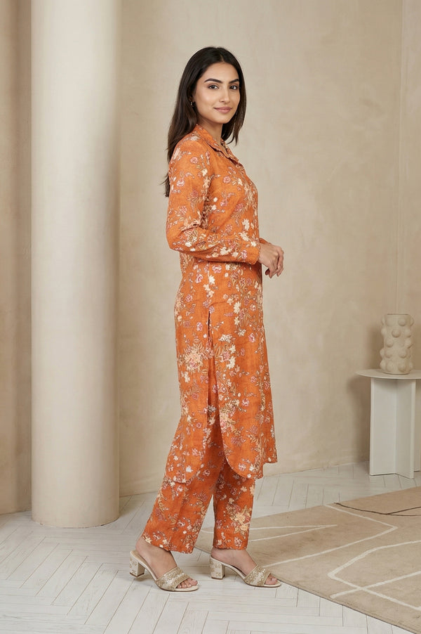 Orange Floral Print Straight Kurta with Palazzo Co-ord Set