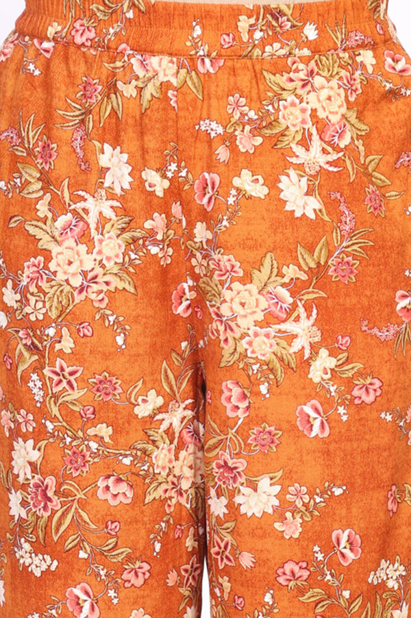 Orange Floral Print Straight Kurta with Palazzo Co-ord Set
