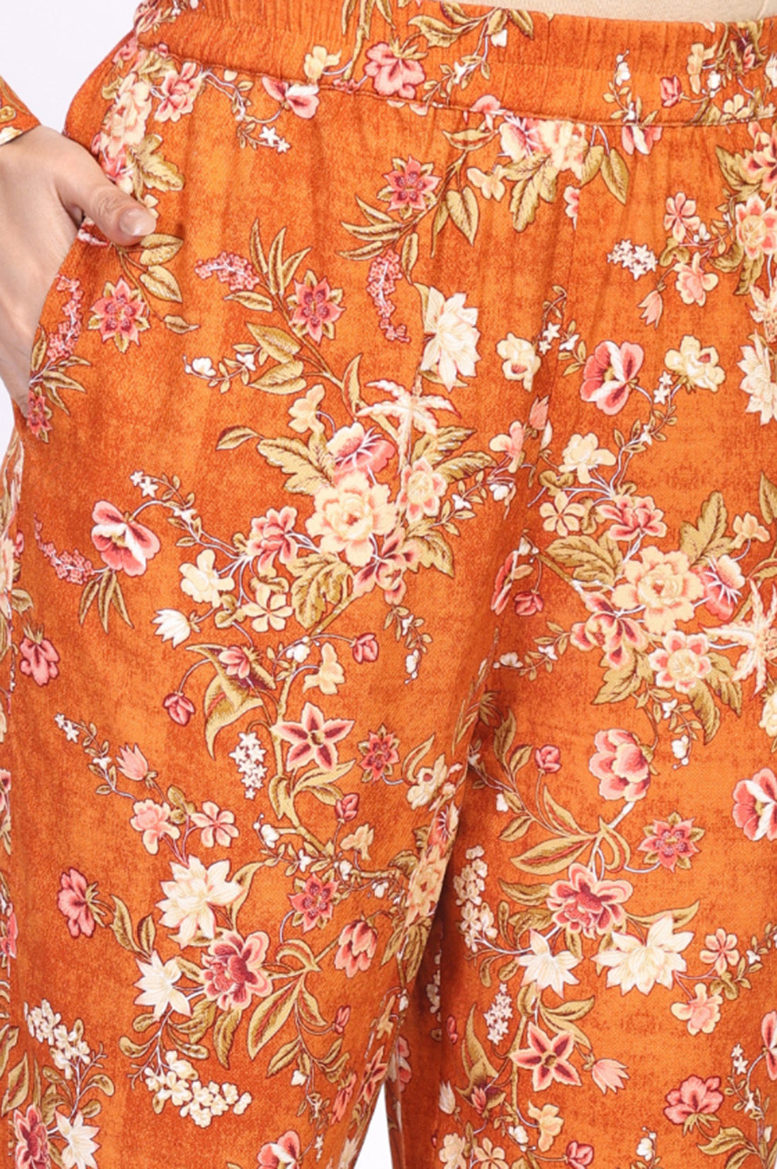 Orange Floral Print Straight Kurta with Palazzo Co-ord Set