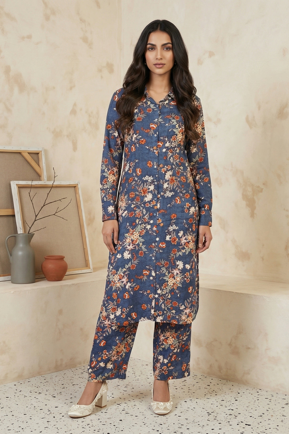 Blue Floral Print Straight Kurta with Palazzo Co-ord Set