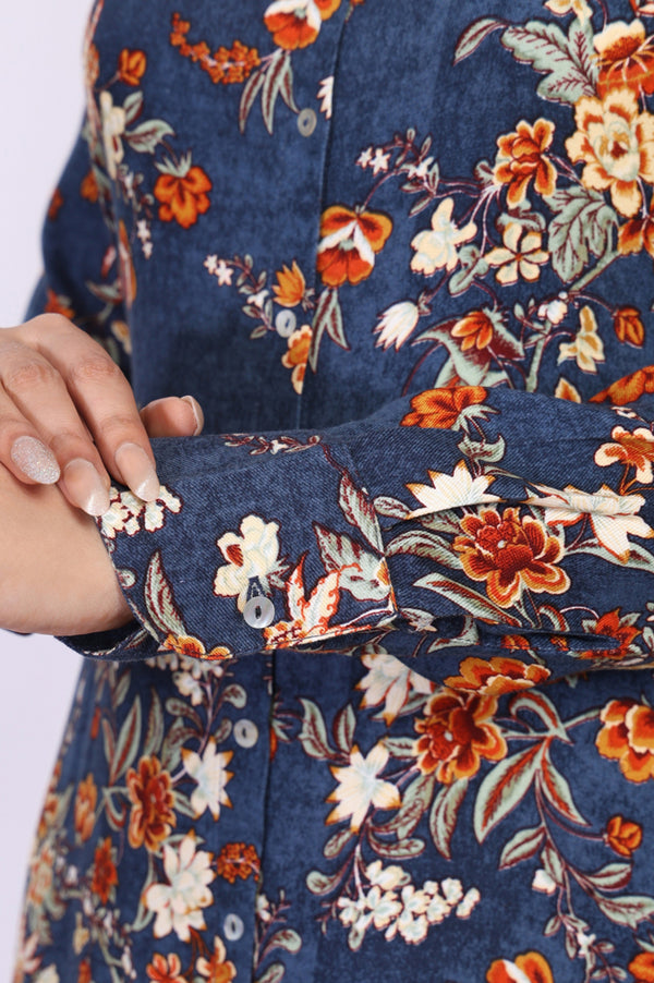 Blue Floral Print Straight Kurta with Palazzo Co-ord Set