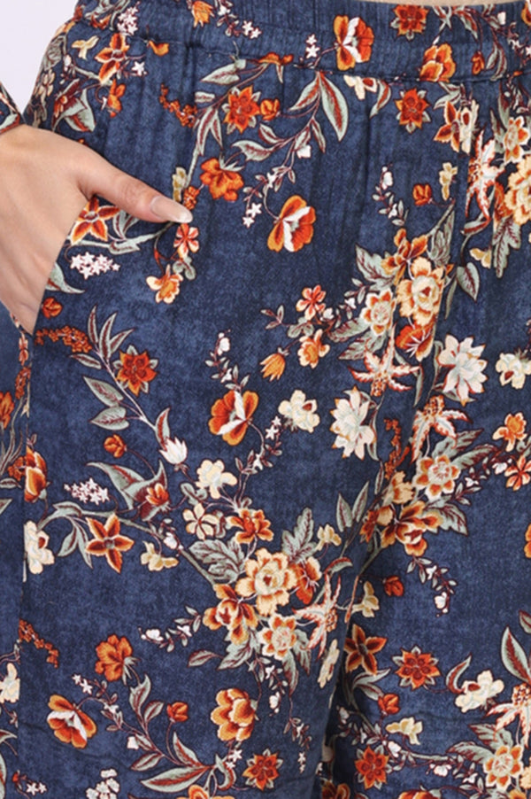 Blue Floral Print Straight Kurta with Palazzo Co-ord Set