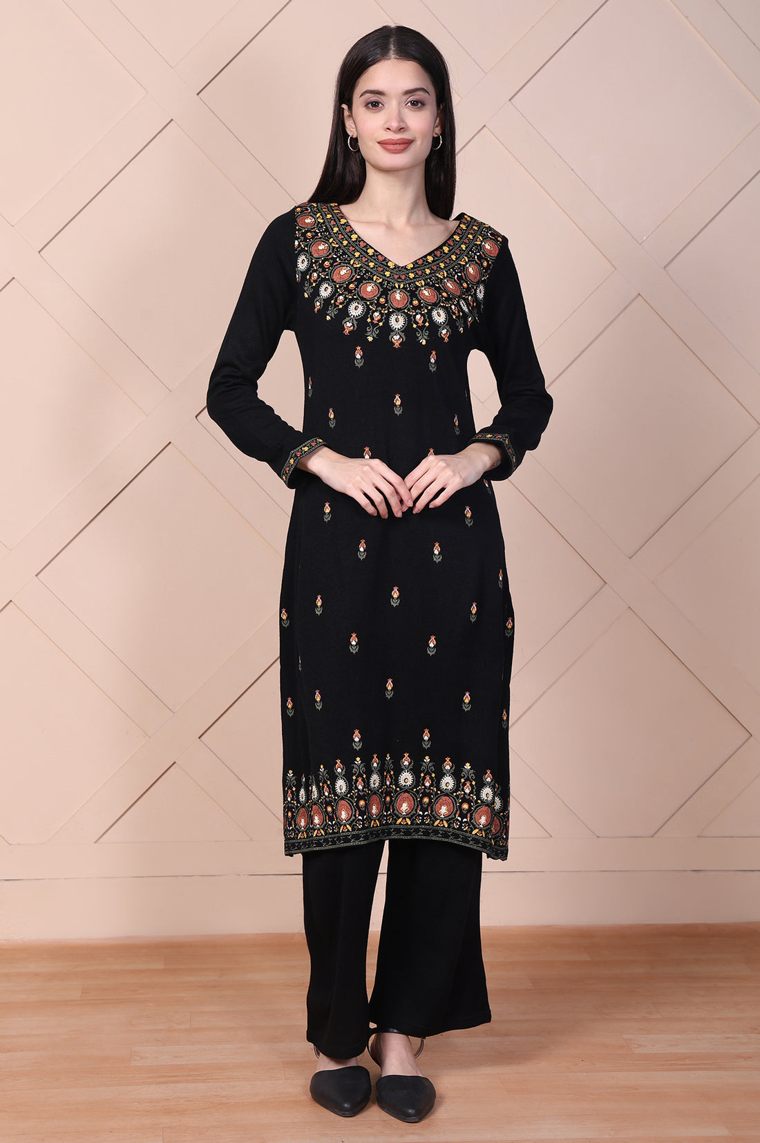 Black Embroidered Acrylic Straight Kurta and Palazzo Set