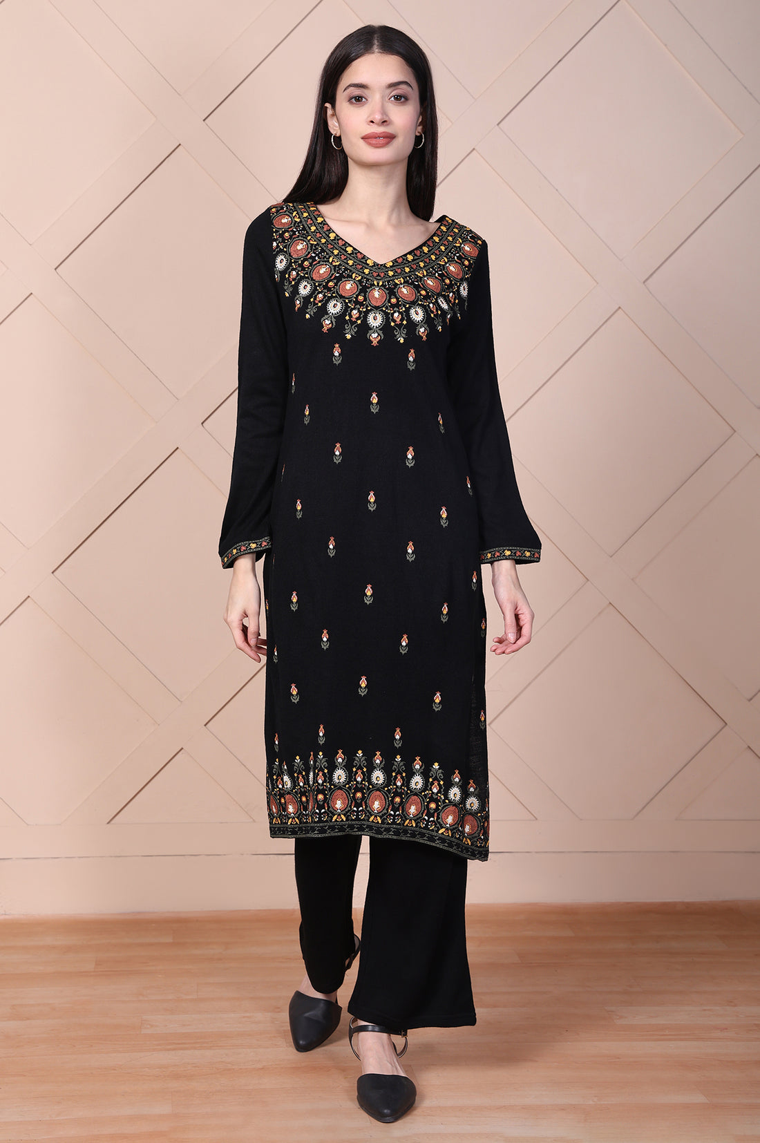 Black Embroidered Acrylic Straight Kurta and Palazzo Set