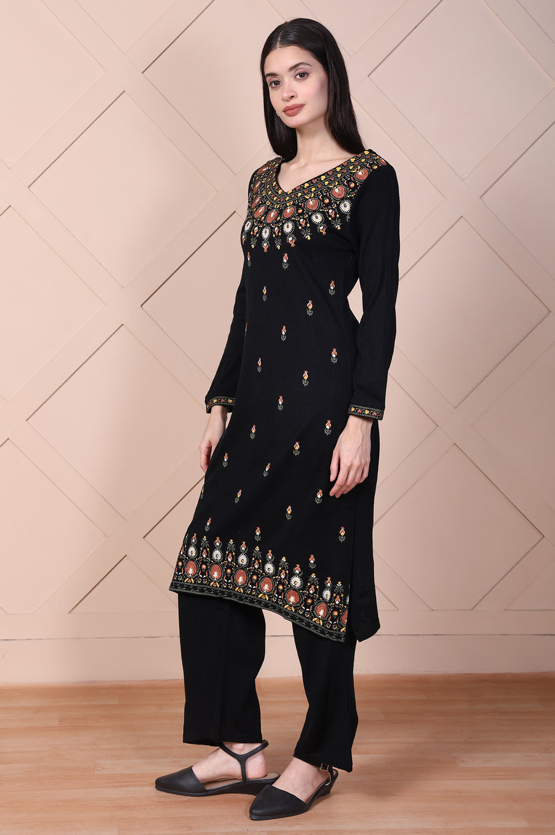 Black Embroidered Acrylic Straight Kurta and Palazzo Set