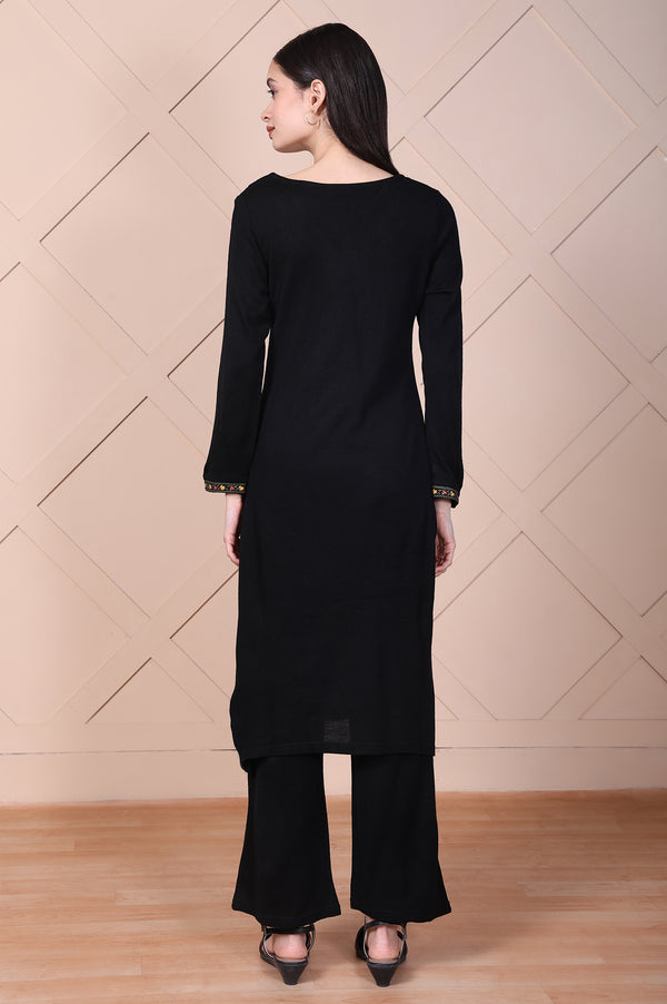 Black Embroidered Acrylic Straight Kurta and Palazzo Set