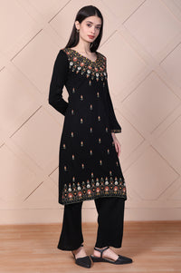 Black Embroidered Acrylic Straight Kurta and Palazzo Set