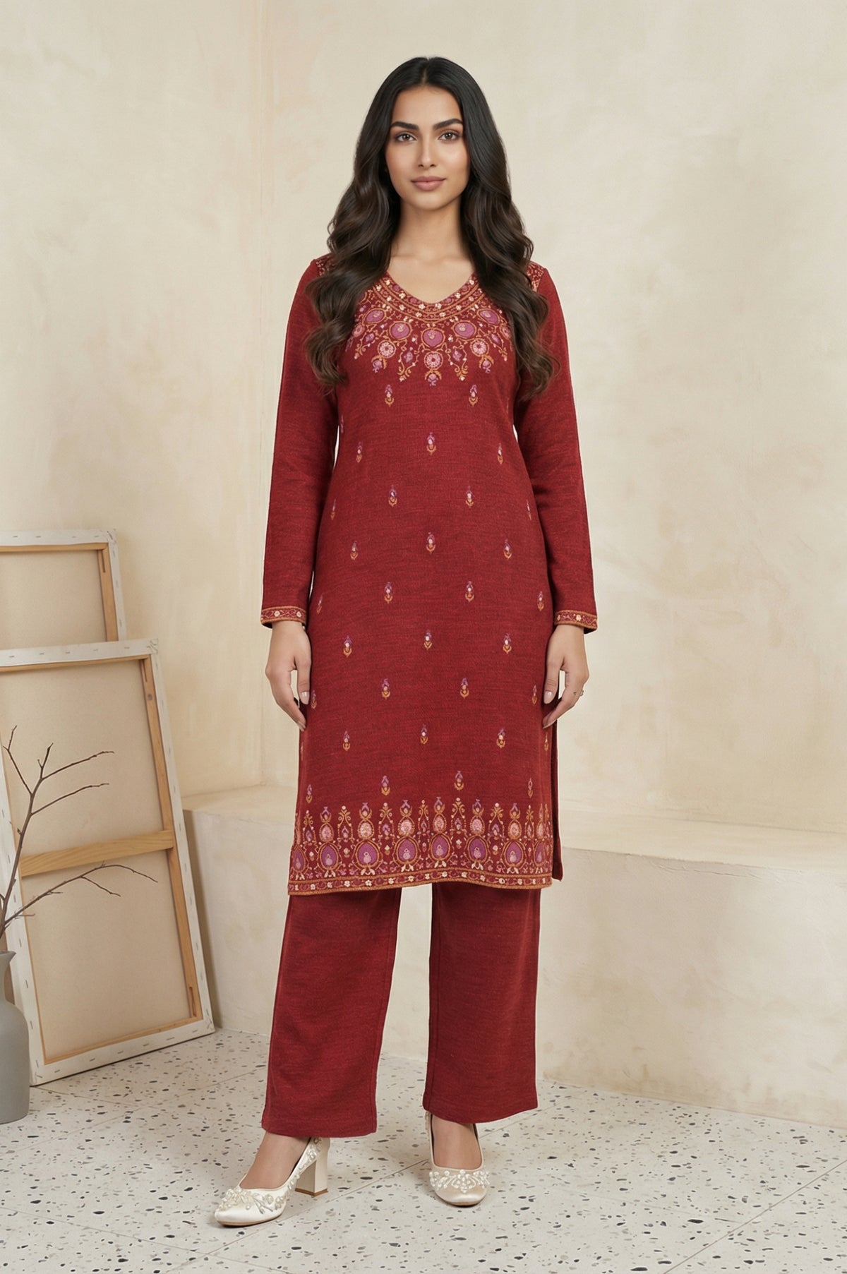 Red Acrylic Straight Kurta with Palazzo Co-ord Set for Winter - S