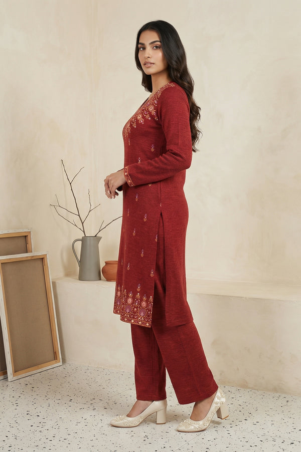Red Acrylic Straight Kurta with Palazzo Co-ord Set for Winter