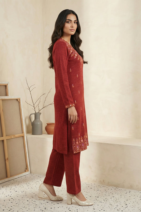 Red Acrylic Straight Kurta with Palazzo Co-ord Set for Winter