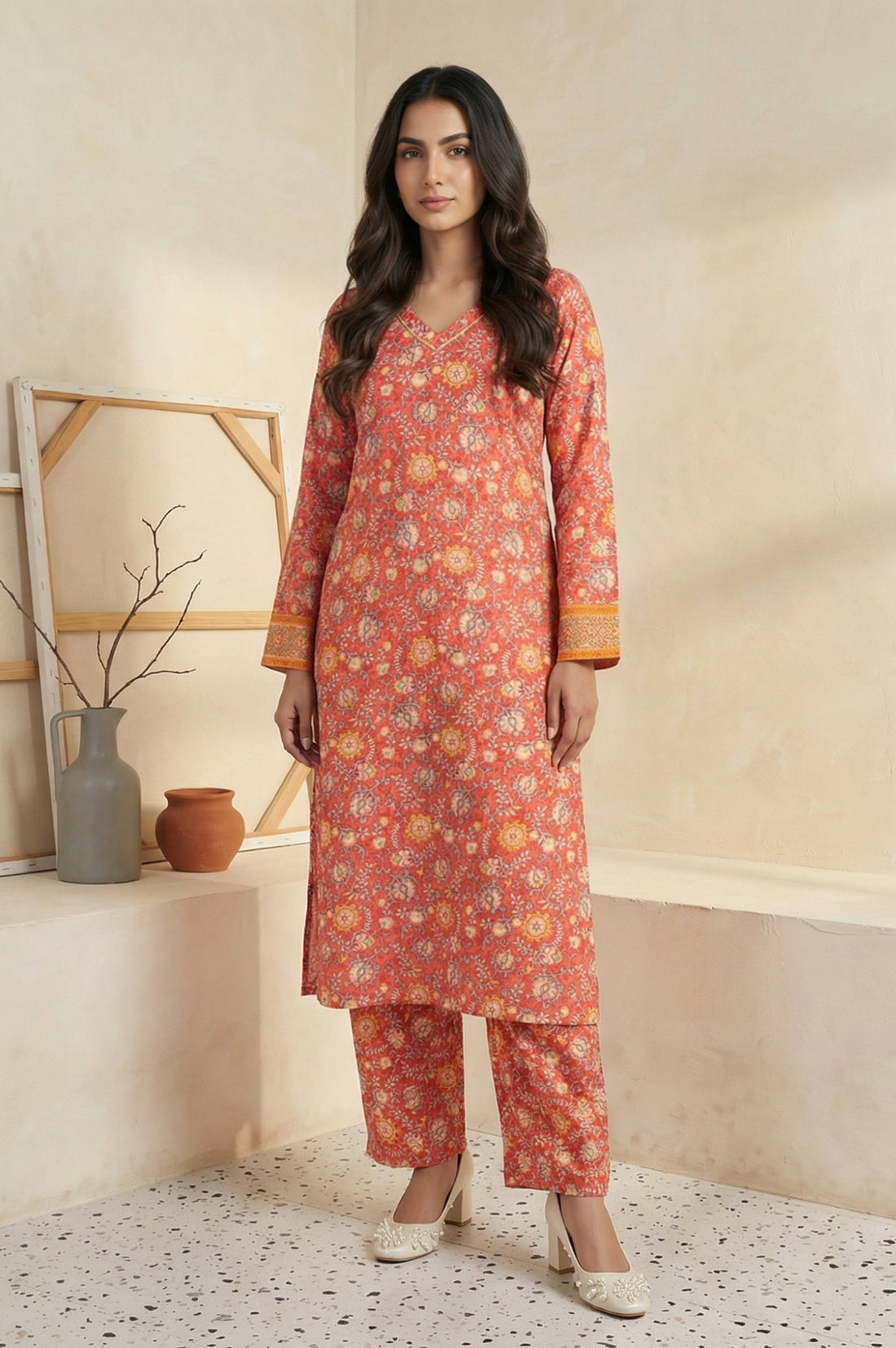 Coral Floral Print Straight Kurta with Palazzo Co-ord Set
