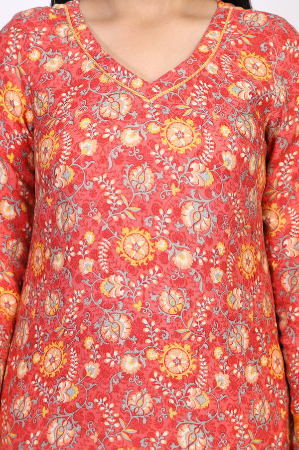 Coral Floral Print Straight Kurta with Palazzo Co-ord Set