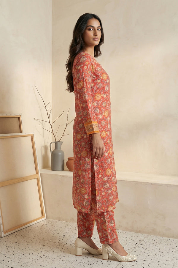 Coral Floral Print Straight Kurta with Palazzo Co-ord Set