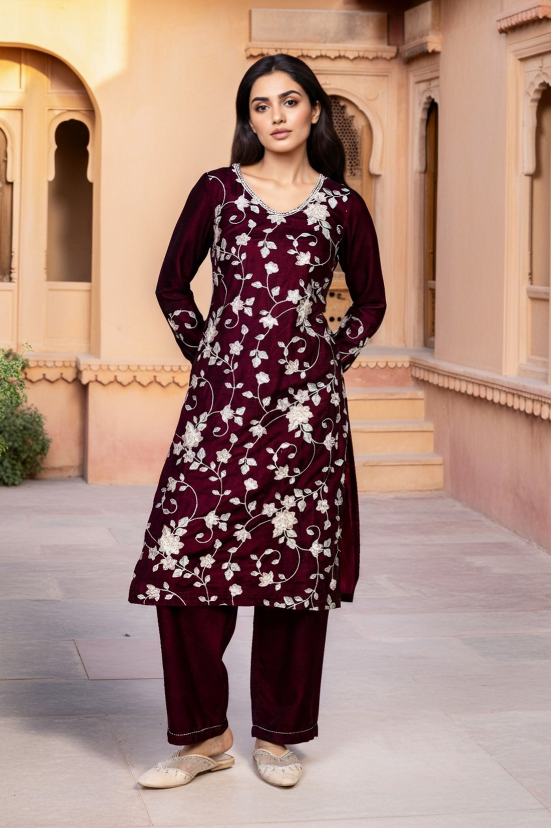 Maroon Embroidered Beaded Straight Velvet Kurta with Palazzo