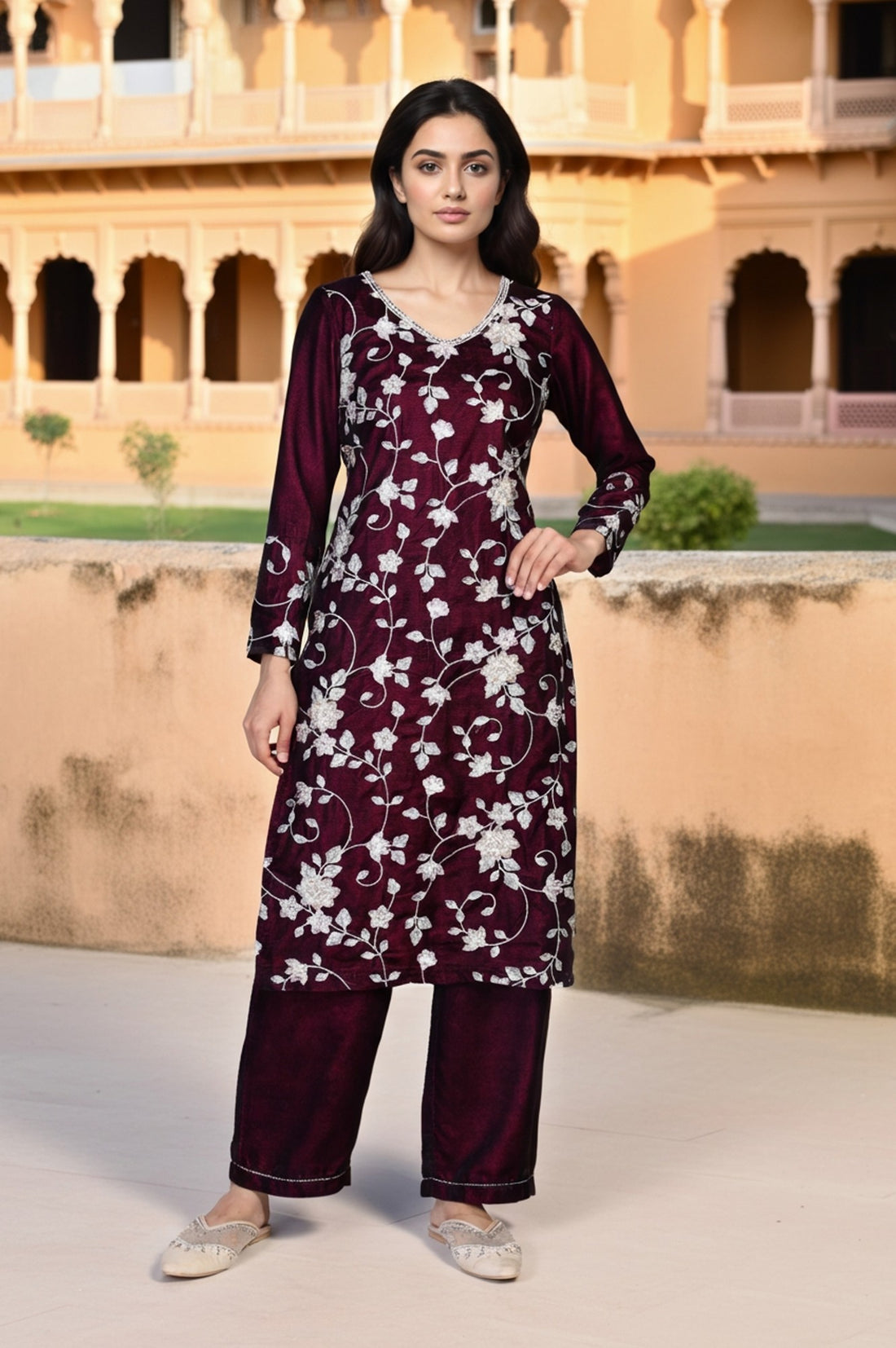 Maroon Embroidered Beaded Straight Velvet Kurta with Palazzo