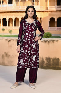 Maroon Embroidered Beaded Straight Velvet Kurta with Palazzo