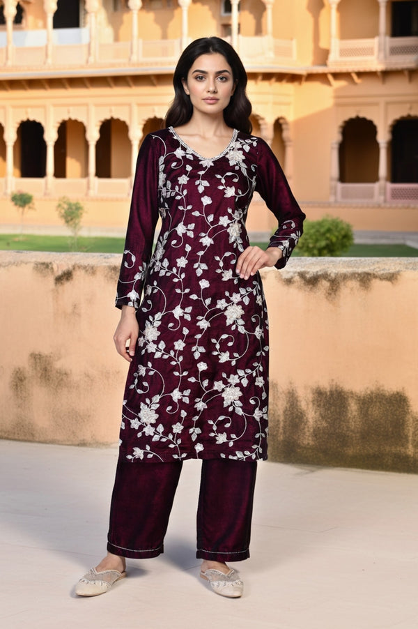 Maroon Floral Straight Kurta with Palazzo